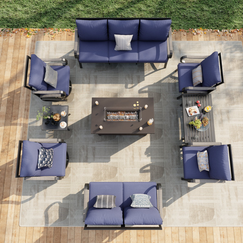 Metal 9-Person Sofa Seating Group With Blue Cushions, Outdoor Patio Conversation Furniture Set (Throw Pillow Not Included)