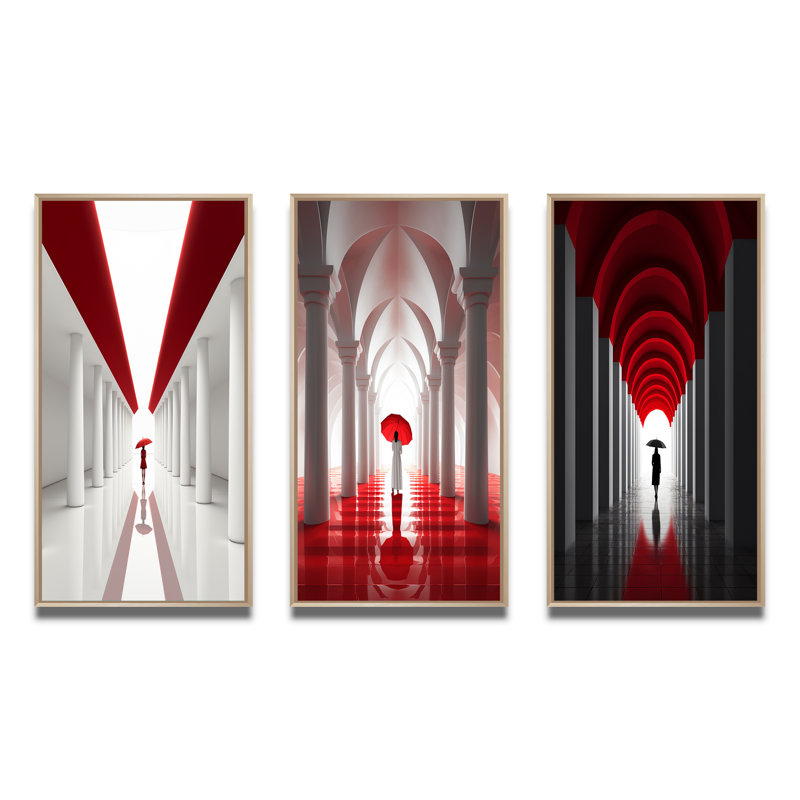 «Wandering On The Way Minimal Architecture II», 3 pièces sur toile, H 20 po x l 36 po, Cadre naturel flottant