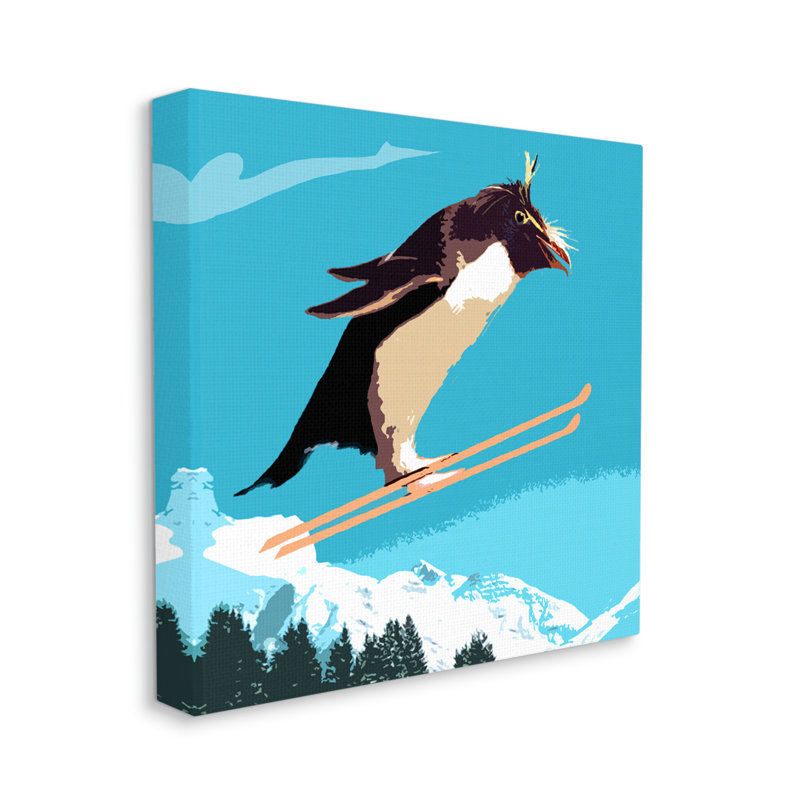 Pingouin qui skie au-dessus des arbres, illustration de sports d'hiver sur toile tendue surdimensionnée par Noah Bay am-975