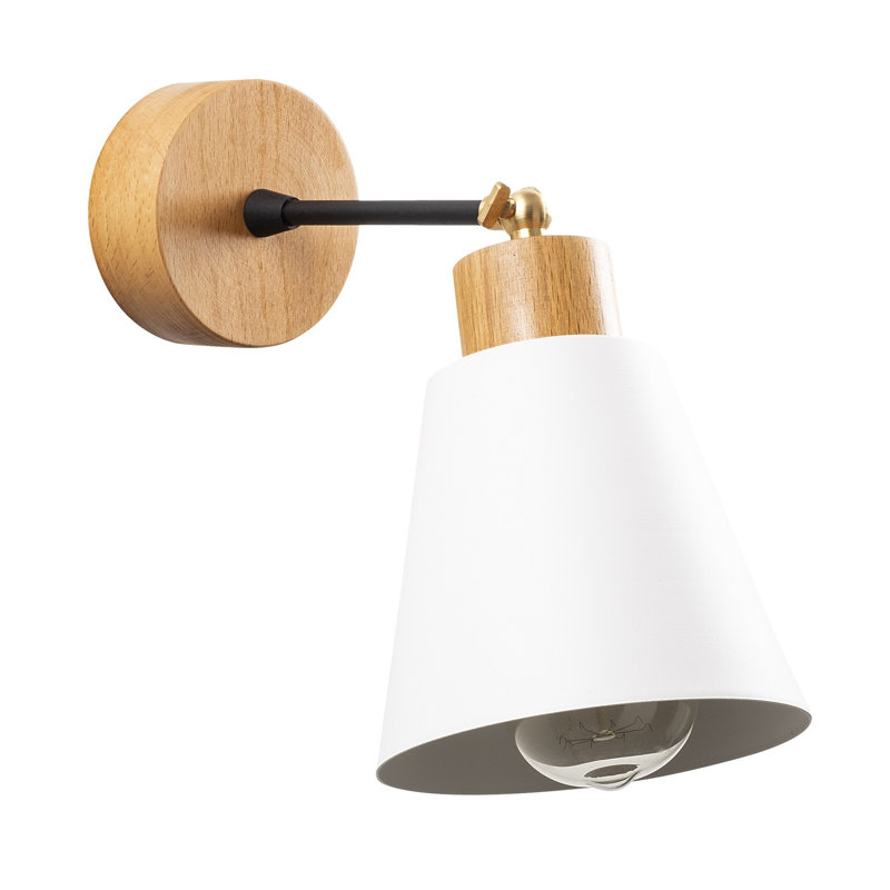 Scandinavian Style Wall Lamp, White Metal Body with Wooden Base, 5.5 in Diameter x 9.8 in Height | E27 Socket, Max 40W | Elegant & Minimalist Design for Modern Home Decor, IP20 Rated for Indoor Use