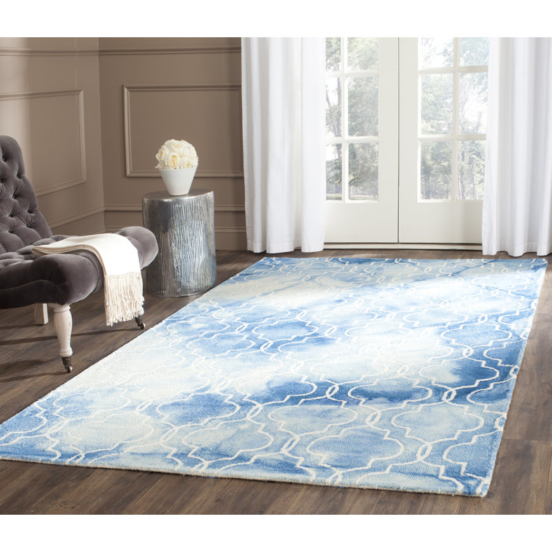 Berman Hand Tufted Wool/Cotton Geometric Rug in Ivory/Blue, Rectangle 5' x 8'