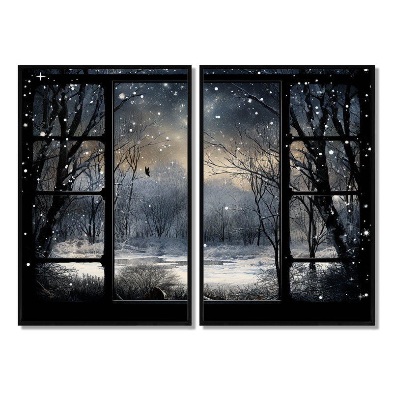 «Midnight Gothic Winter Window View I - Large Winter Landscape», art mural, Noir, H 36 po x l 48 po