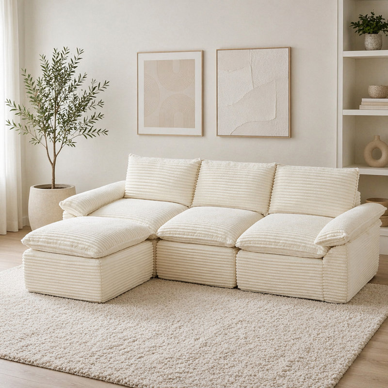Canapé moderne en velours côtelé, Blanc-3Seat-1Ottman
