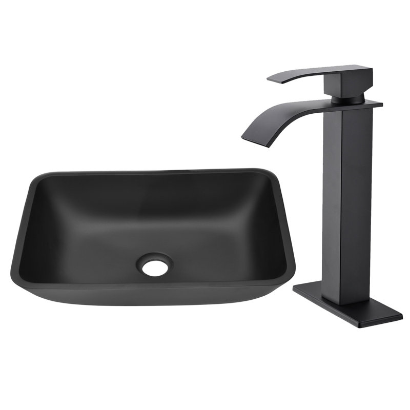 18 in. Rectangular Glass Vessel Sink with Faucet, Matte Black, Matte Black