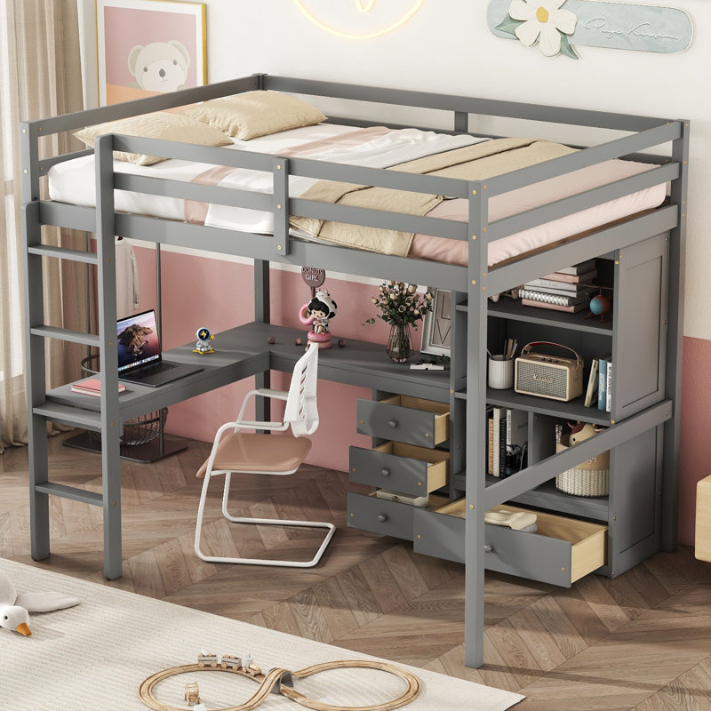 Lit mezzanine double avec tiroirs de rangement et bureau intégré, Gris