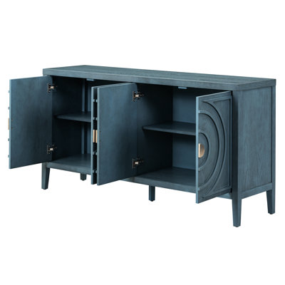 Antique Blue 4-Door Storage Sideboard - Robust Cabinet For Kitchen, Living Room Distressed Finish Retro Country Style With Rounded Lines Home Decor Solution