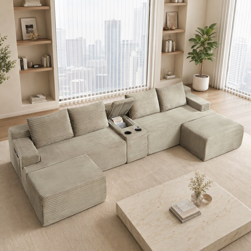Canapé d'angle modulaire en forme de U sans armature, canapé nuage en tissu velours côtelé avec console de rangement et poufs amovibles, canapé de sol convertible pour salon