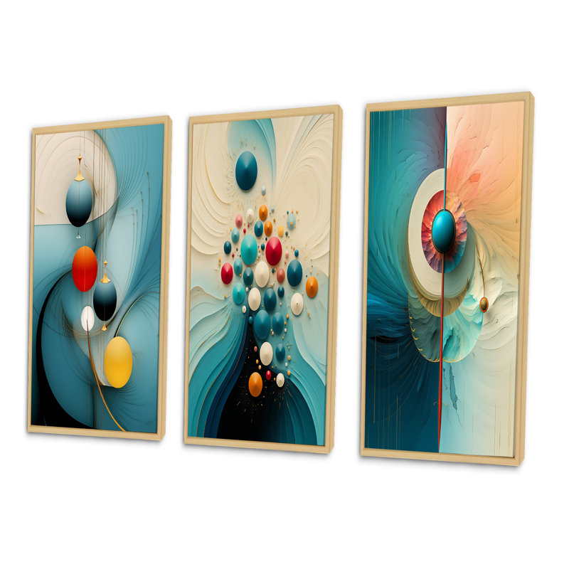"Géométrie de la sagesse turquoise abstrait rétro" 3 - pièces sur, H 40 po x l 60 po, Cadre naturel flottant