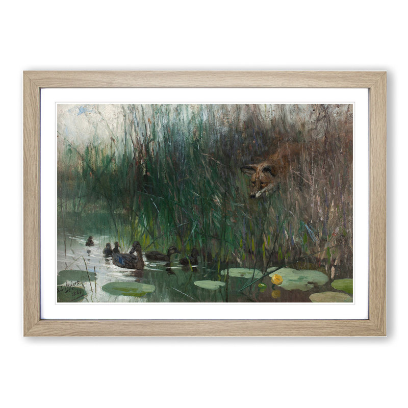 Fox Stalking Ducks by Bruno Liljefors - Picture Frame Painting, Oak Framed, 36cm H x 48cm W x 2cm D