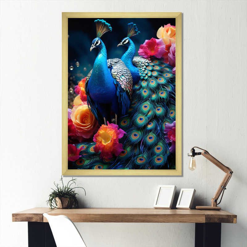 Schkyra Blue Coral Indian Art Dancing Peacocks IV - reproduction d'art sur toile, H 44 po x l 34 po x P 1,5 po