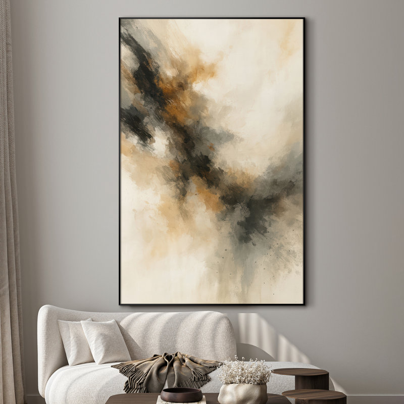 Extra Large Wall Art Fabric Print - Soft Neutral Abstract with Black and Amber Burst Artwork Decor for Living Room or Bedroom - "Frame Assembly Required (Unfinished Frame)"