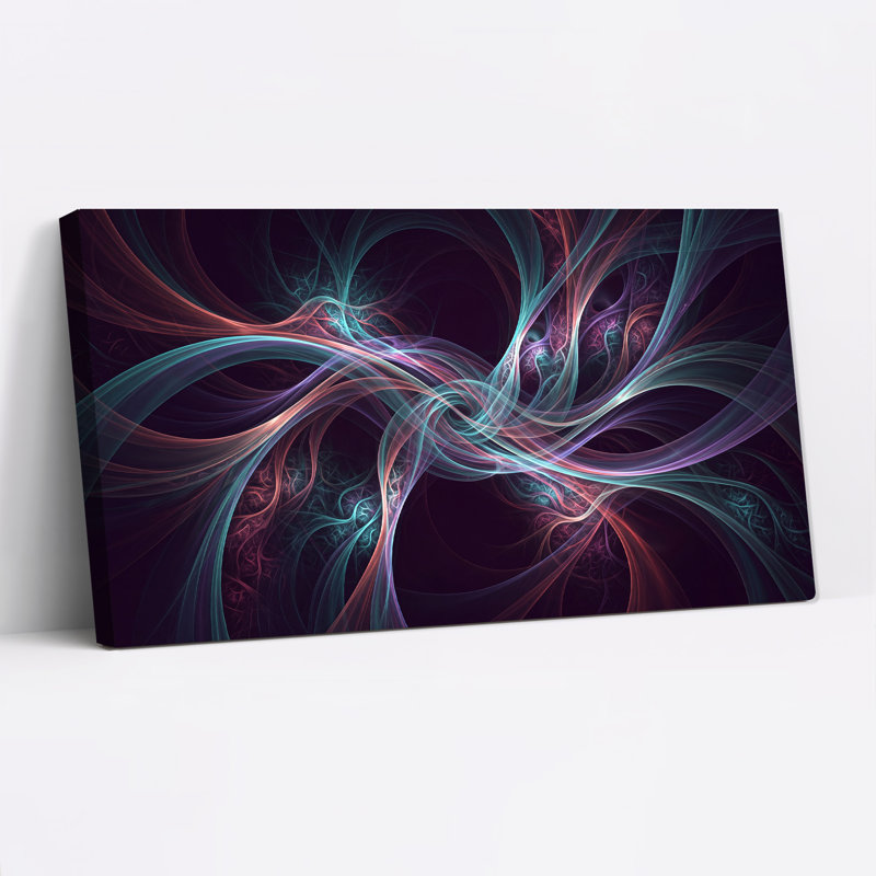 Art abstrait sur toile abstraite, rubans fractaux, sarcelle, mauve et orange, L 32 po x H 16 po