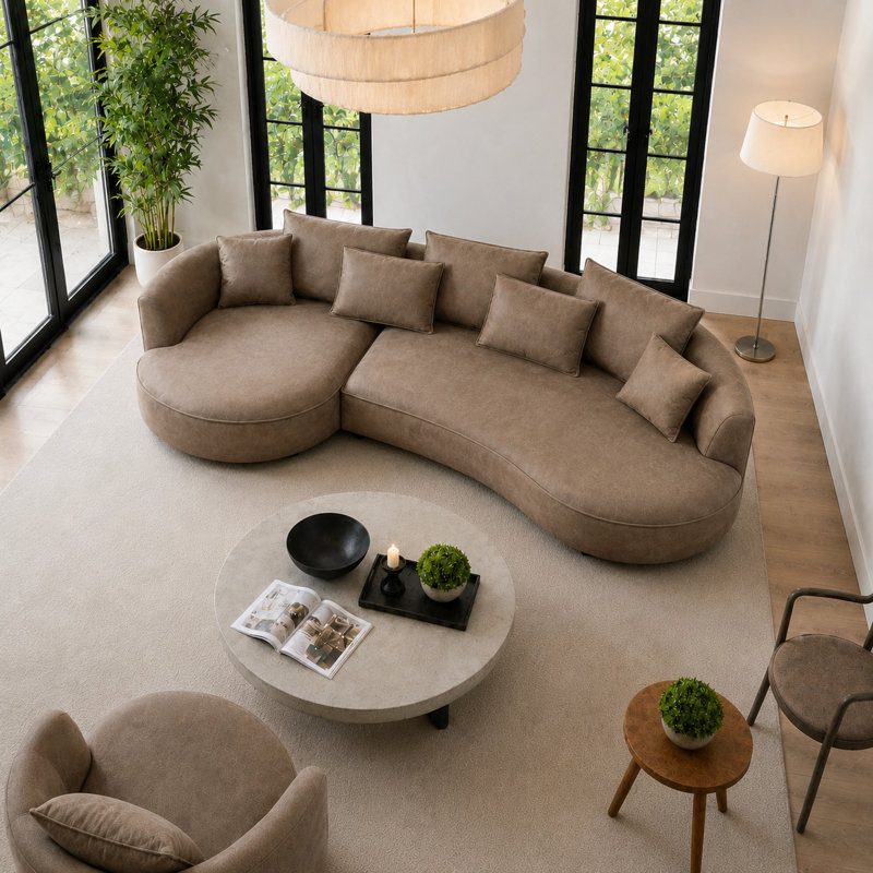 Lakera 128“ Modern Faux Leather Sectional Curved Sofa with Left Chaise, Upholstered Brown Leathaire Couch, Leather Sectional Sofas