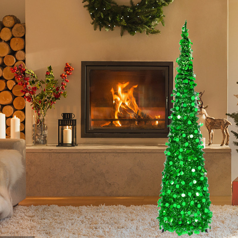 Arbre de Noël artificiel de 5 pi, arbre de Noël vert Tinsel, décoration de Noël pliable pour le bureau à domicile, assemblage et rangement faciles