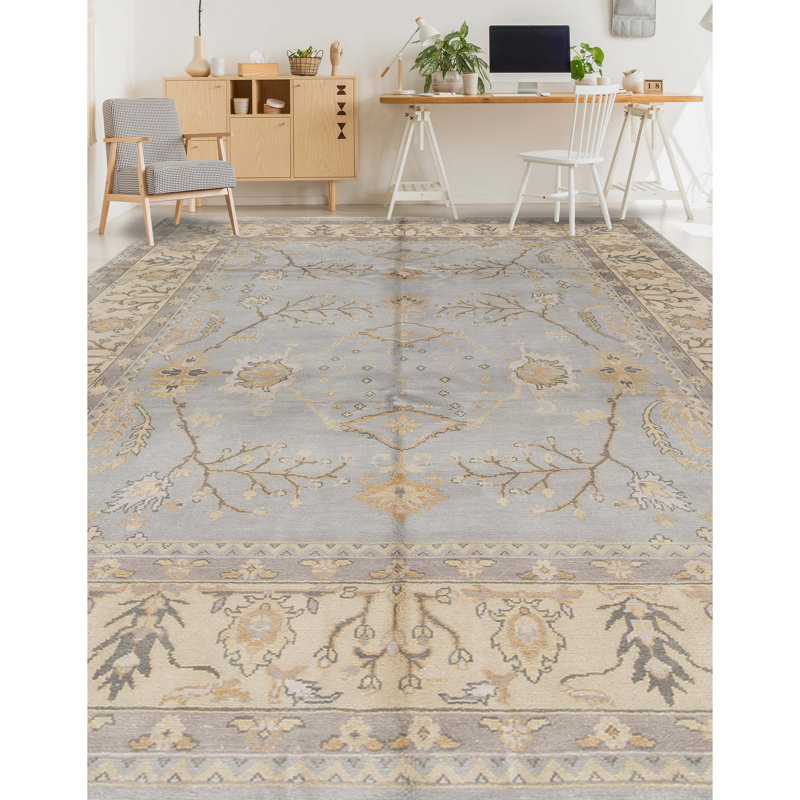 Tapis bleu clair et ivoire noué à la main de haute qualité