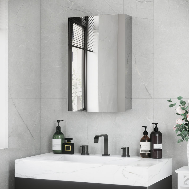 Armoire de salle de bain avec miroir argenté - 15,39 po x 23,33 po, porte à charnières, rangement pour le salon
