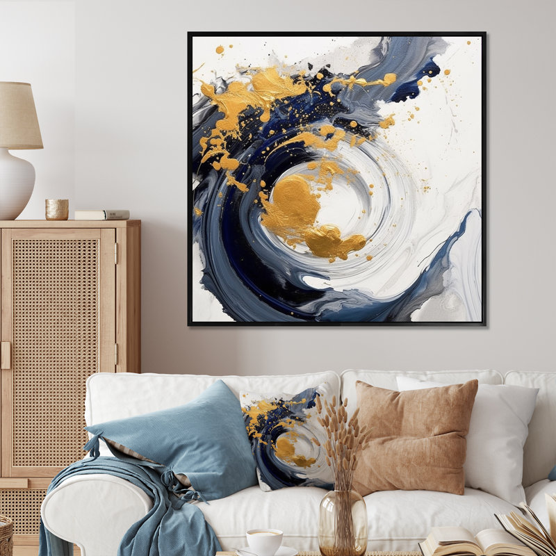 Bleu foncé et spirale dorée sur toile, Black Picture Framed, 36" H x 36" W