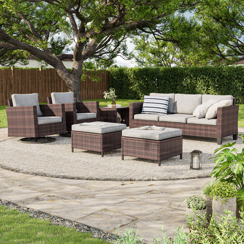 6-Piece PE Rattan Wicker Patio Furniture Set with Swivel Rocking Chairs, Ottomans & Removable Waterproof Cushions, All-Weather Conversation Set for Deck Backyard Garden