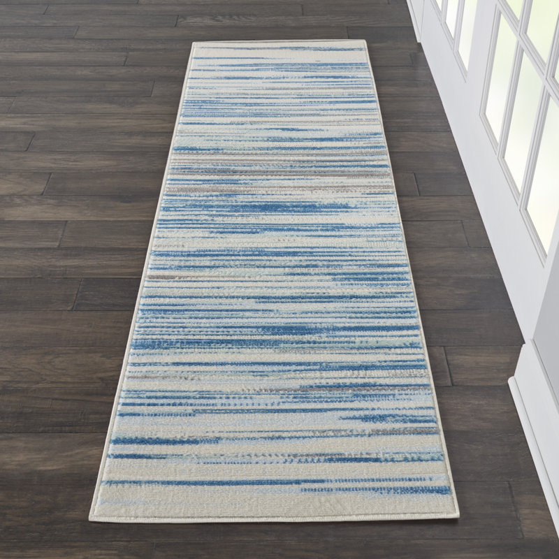 Tapis bleu abstrait tissé à la machine Poyen, Tapis de couloir 2 pi x 6 pi
