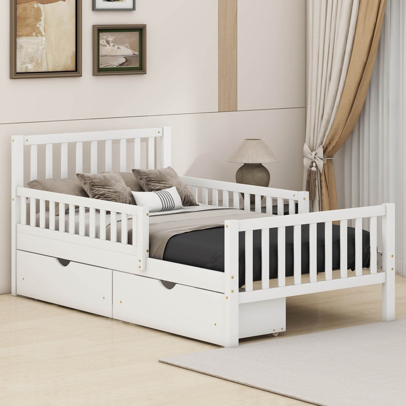 Lit plateforme en bois avec garde-corps des deux côtés et deux tiroirs, Simple, Blanc