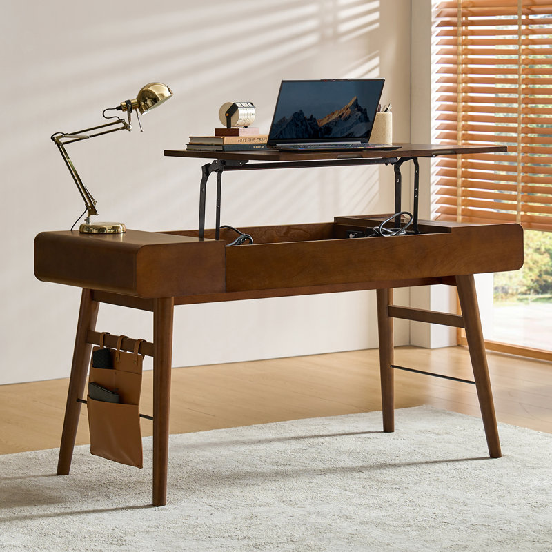 Virma 60.25"W Mid-Century Modern Solid Wood Writing Desk with Height Adjustable Desktop and Cable Management, Walnut