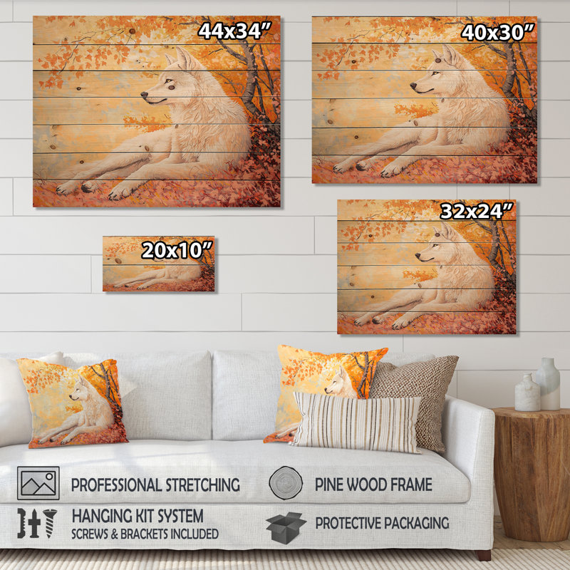 Loup en fleurs au coucher du soleil II - Art mural moderne en bois sur bois de pin naturel, H 30 po x l 40 po