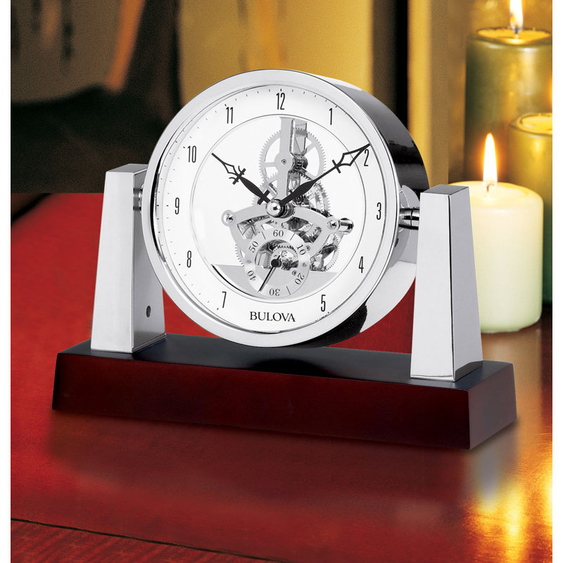 Traditional Analog Metal Quartz Movement / Crystal Tabletop Clock in Dark Brown Wood