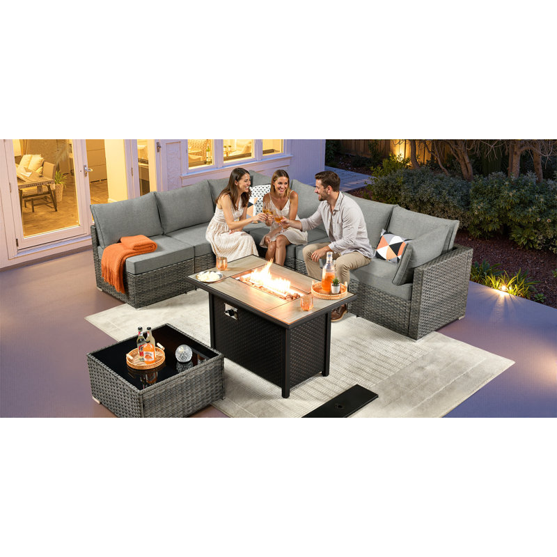 6 - Person Outdoor Patio Wicker L-Shaped Sectional Sofa Set with Fire Pit Table, Gray Rattan Furniture with  Cushions, Outdoor Conversation Set for Garden/Backyard