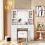 Meuble-lavabo de 41,4 po avec miroir et lumières, table de maquillage avec 5 tiroirs et 4 armoires, coiffeuse avec station de charge et tabouret de rangement rembourré pour la chambre à coucher, blanc