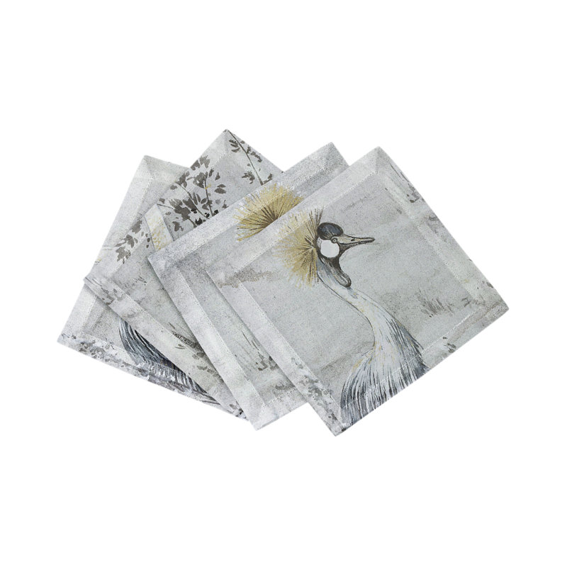 Crested Crane Cotton Sateen Cocktail Napkins, Silver Gold