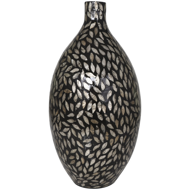 Mother of Pearl Shell Handmade Mosaic Inspired Decorative Vase, Black, 21.9" H x 11.1" W x 11" D