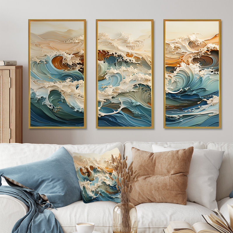 «Japon tempête», art liquide - ensemble d'art mural tempêtes, Cadre flottant doré, H 40 po x l 60 po x P 1 po