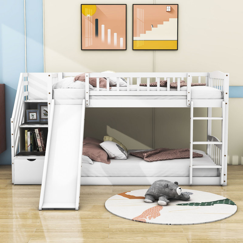 Twin Over Twin Wooden Standard Bunk Bed with Slide, White