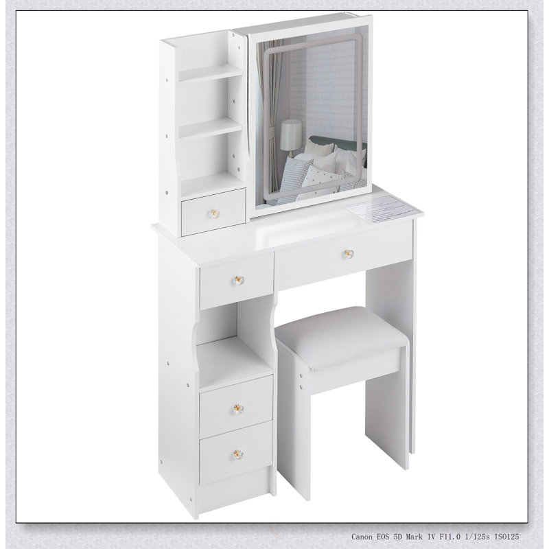 Table de coiffeuse compacte 29,2 pouces avec tiroir coulissant, miroir à DEL tactile et tabouret rembourré pour les petits espaces