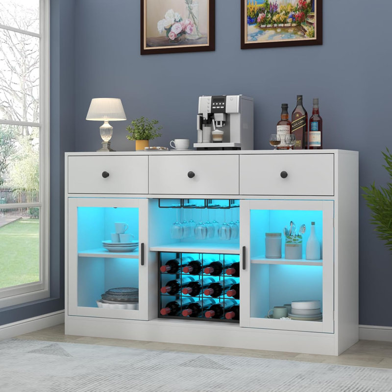 White Modern Wine Bar Cabinet with LED Lights and Glass Doors