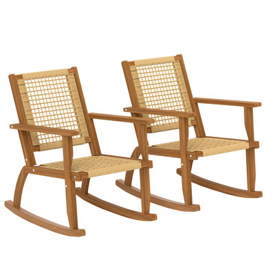 Outdoor Rocking Chair Set of 2, Acacia Wood Outdoor Rockers with Armrests, Rattan Wicker Back and Seat, Patio Wooden Rocking Chair Set for Garden, Balcony, Porch, Khaki