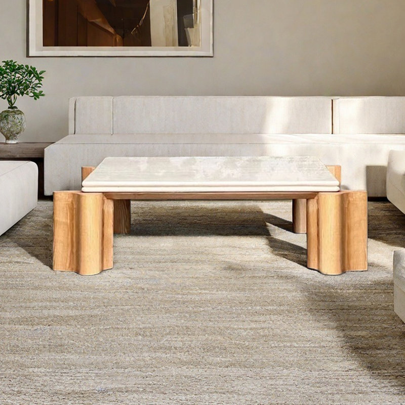 Table de salon carrée en bois massif avec trou en pierre, H 13,8 po x L 39,4 po x l 39,4 po, Blanc