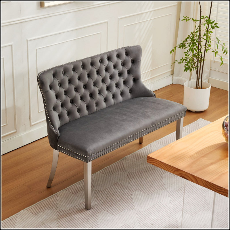 Banc en velours pour causeuse double, sièges de cuisine et de salle à manger, banc capitonné à 2 places avec boutons faits à la main, dossier à oreilles, pieds en acier plaqué, ensemble moderne Mid-Century, paquet simple