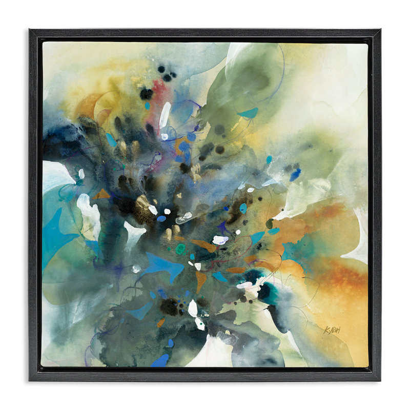 Abstrait avec gouttelettes d'encre, encadré doré sur toile flottante par K. Nari, Cadre flottant noir de jais