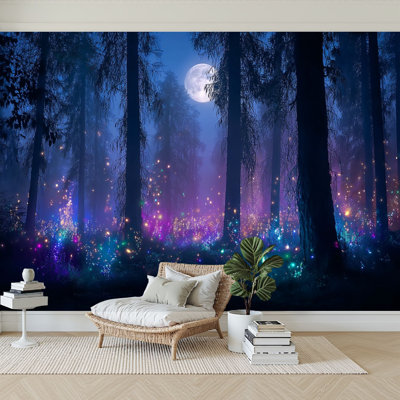 Peel and Stick Wallpaper 144" W x 100" H Modern Self Adhesive Wall Mural for Bedroom Dark fairytale fantasy forest Night forest landscape magical glows