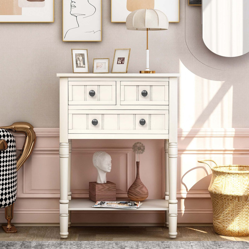 Barbe Narrow Console Table, Slim Sofa Table Sideboards Buffets with Three Storage Drawers and Bottom Shelf, Ivory