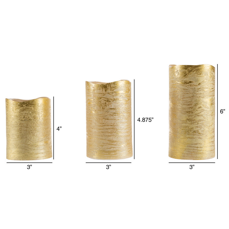 Ensemble de 3 bougies sans flamme non parfumées - Bougies piliers avec minuterie et finition métallique vieillie, Or