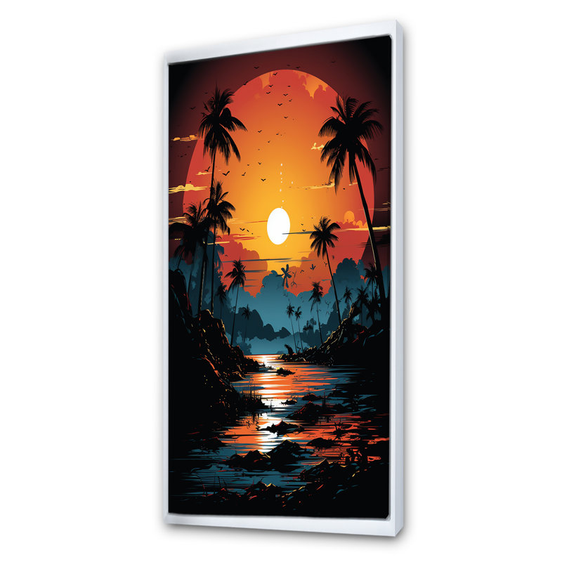 Orange et noir, paysage tropical, coucher de soleil, paysage abstrait, Cadre flottant blanc, H 60 po x l 28 po x P 1,5 po