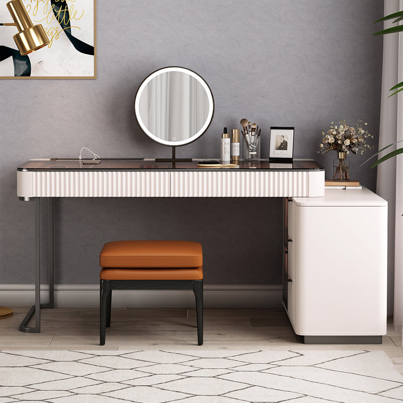 Dressing Table with Mirror, 47" W x 23" D x 29.5" H, Beige/Grey