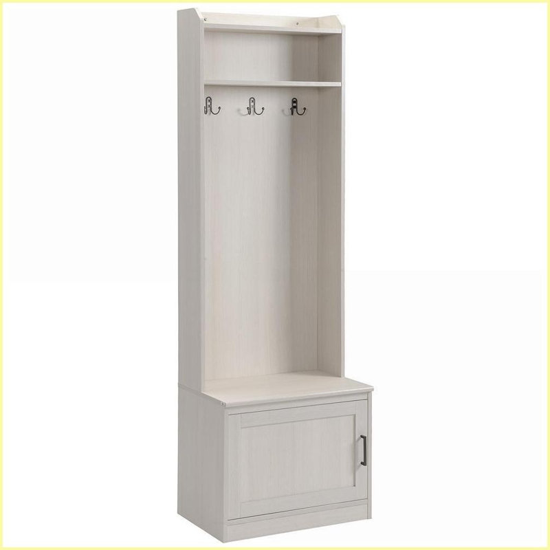 Hall Tree with Coat Rack, Rustic White Wood Grain Shoe Storage Bench &amp; Shelves | White | Particle Board