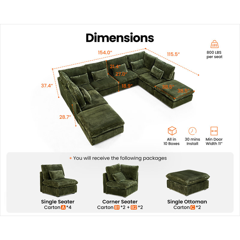 8 Seater Oversized Modular Sofa Extra Deep Cloud Corduroy Sectional Couch With Ottoman Chaise, Green Corduroy