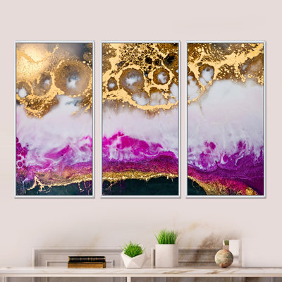" Gold White and Fuchia Epoxy Resin Art " 3 Piece Art Mixed Media Print