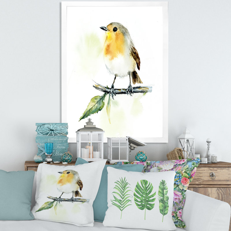 Petit oiseau sur une branche - peinture sur toile, H 40 po x l 30 po x 1,5 po, Toile blanche encadrée