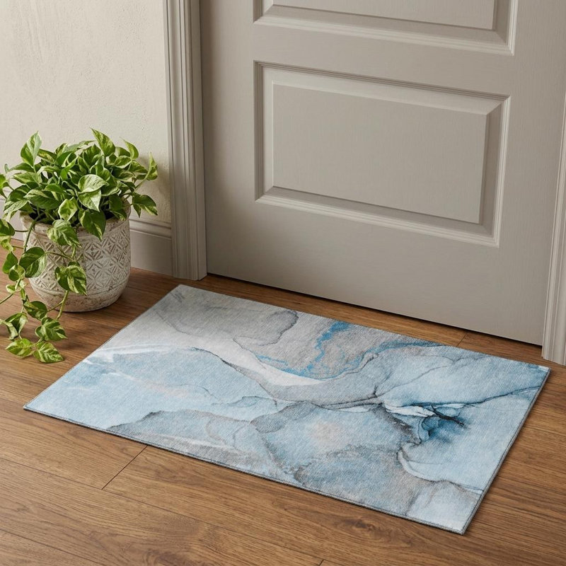 3' X 5' Blue Gray And Ivory Abstract Washable Area Rug With UV Protection