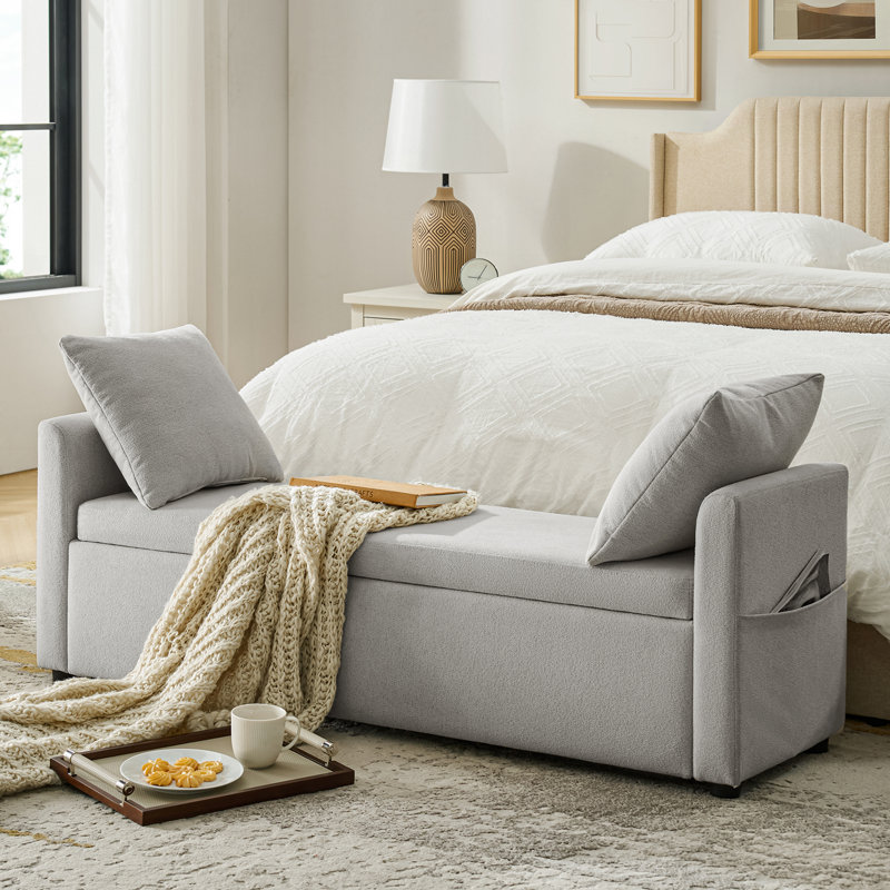 Patrece 59"W Modern Storage Bench with Two Pillows and Pocket, Gray